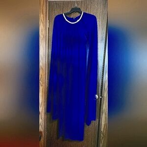 Long dress with chiffon cape and rhinestone neckline by R & M Richards. Blue 14W